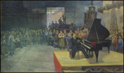 Peinture de Mieczysław
Oracki. La scène a pour cadre la halle d’une fonderie : on distingue des machines, des échafaudages… Des ouvriers de tout âge et sexe écoutent un concert, debouts ou assis sur les marches des machines. Au premier plan à droite, un pianiste en queue de pie joue sur une estrade. Le lien renvoie à la même peinture agrandie, sans autre commentaire.