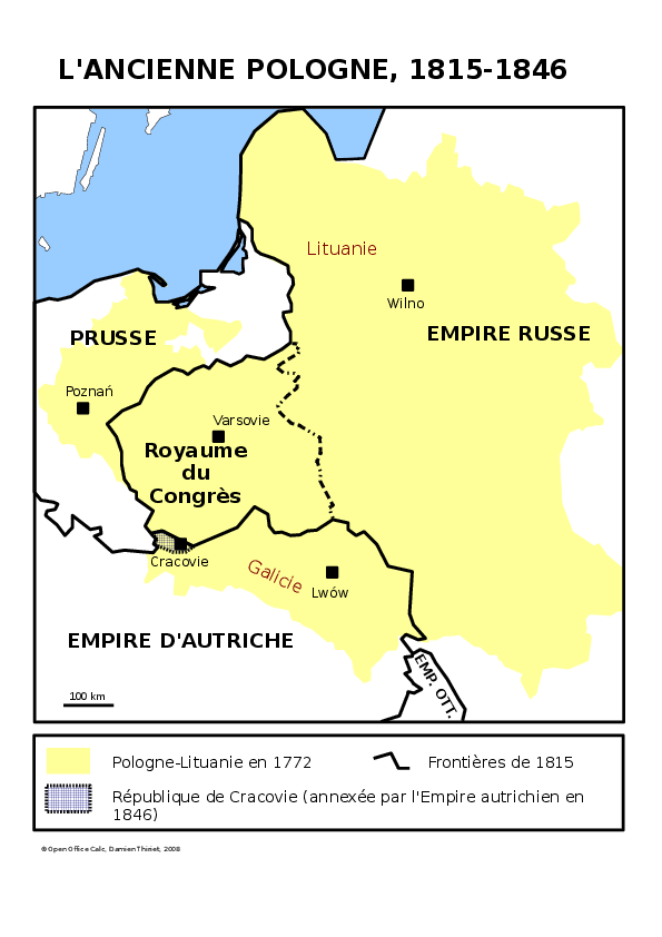 carte de la Pologne sous les partages, après le
Congrès de Vienne