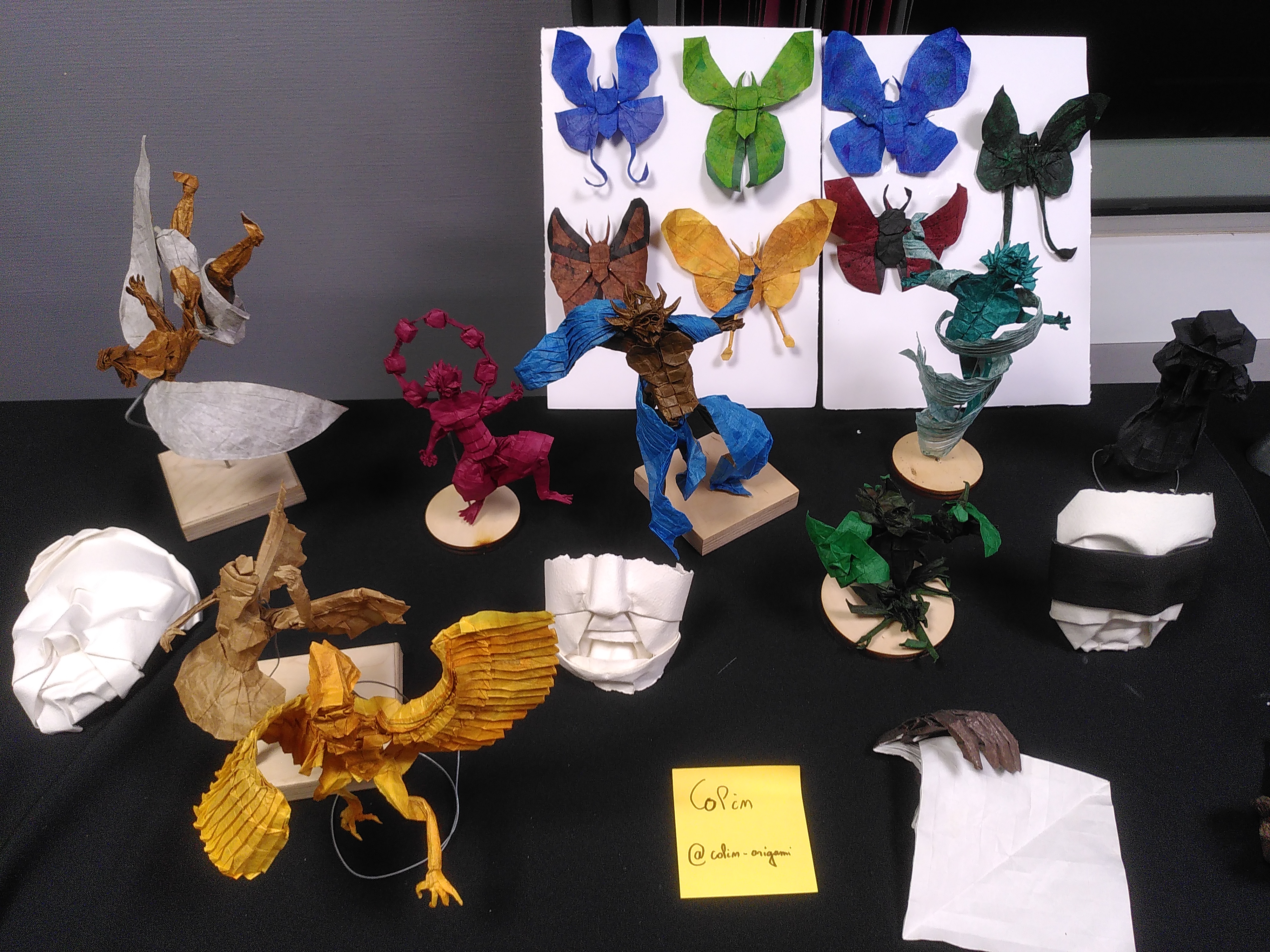 De très beaux papillons, des masques partiels, une main qui plie la feuille avec laquelle elle est pliée.