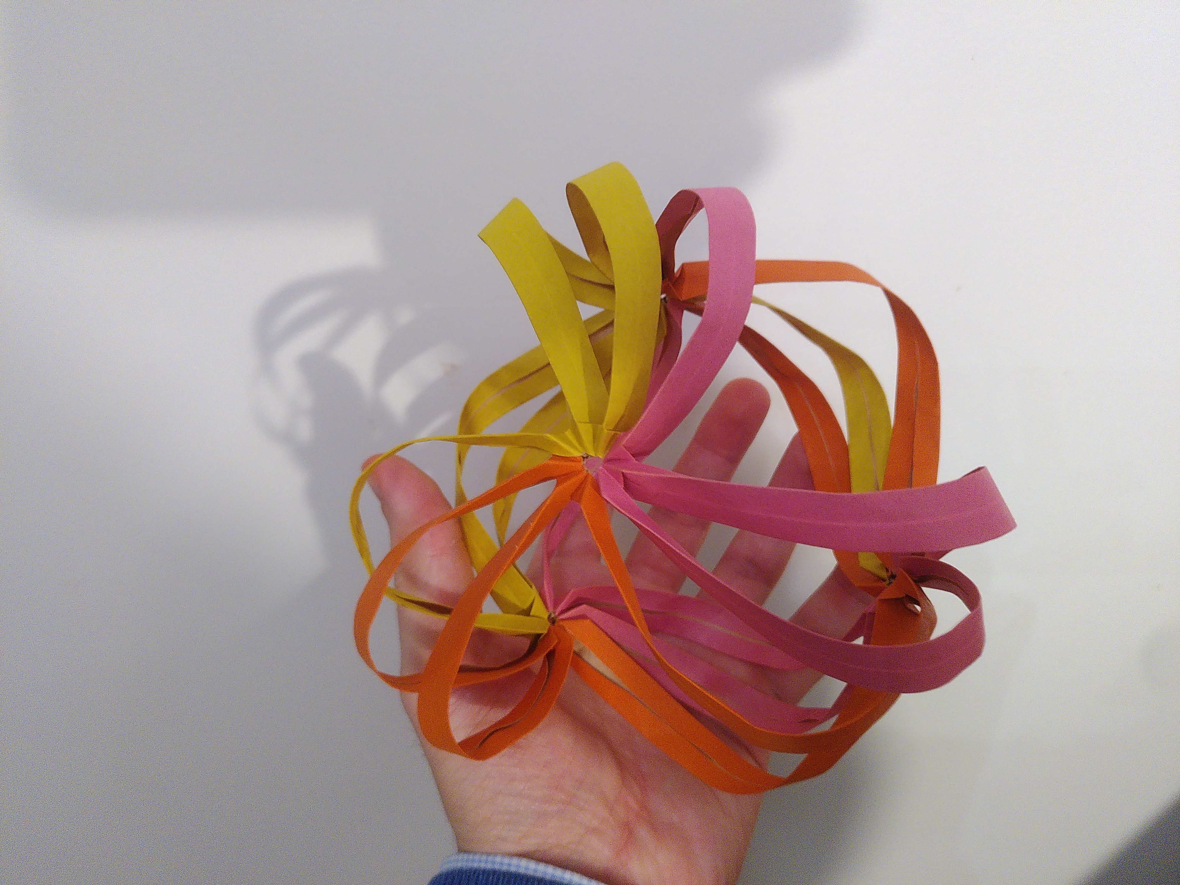 Les bandes sont longues et fines, mais l'objet n'a plus deux pôles mais quatre, disposés en tétraèdre. Il y a trois bandes par arrête, donc 18 bandes en tout.