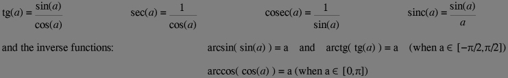 definitions of tg sec cosec sinc arccos etc.