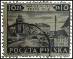 la même perspective en 1949. L’inscription insiste cette fois sur l’inauguration de la voie pour les 5 ans de la Pologne populaire.